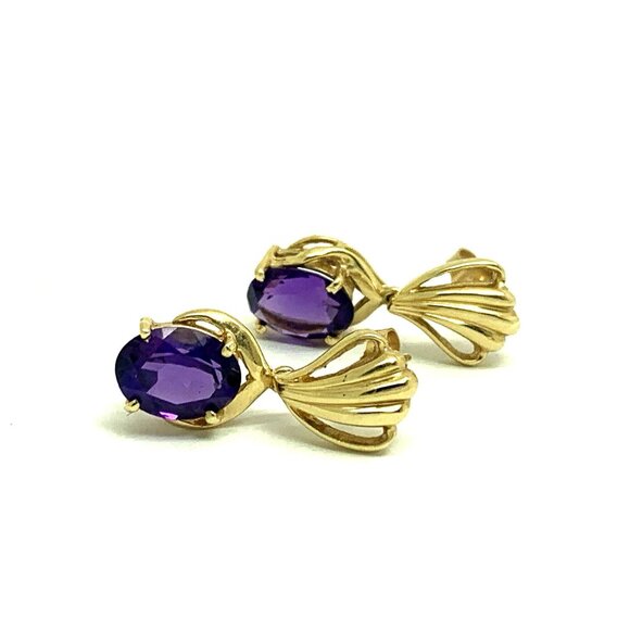 14k Yellow Gold Oval Purple Gemstone Women's Dangle Earrings Estate Jewelry - Picture 11 of 14